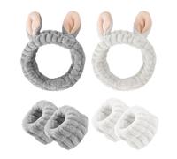 Set di 2 fasce per capelli con orecchie di coniglio e 4 fasce da polso, da donna, elastiche, per lavare il viso e trucco, bagno (bianco, grigio)