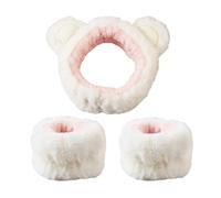 Set di 2 fasce per capelli in peluche con orecchie di orso, da donna, per lavare il viso e il trucco (bianco)