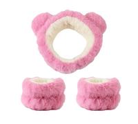 Set di 2 fasce per capelli in peluche con orecchie di orso in stile cartone animato, da donna, per lavare il viso e il trucco (rosa)