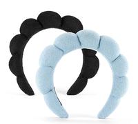 Set di 2 fasce per capelli in spugna per lavare il viso o il viso, fasce gonfie per il trucco, per la cura della pelle, maschera, parrucchiere, uso professionale (nero e blu)