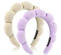 Set di 2 fasce per capelli in spugna per lavare il viso o il viso, fasce per il trucco gonfie per lavare il viso, maschera, beige e viola (1 beige e 1 viola)