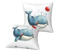 Set di 2 federe copricuscino 45,7 x 45,7 cm (senza cuscino) - Happy Blue Whale Cartoon Square decorative per divano, letto, soggiorno, decorazione della casa, morbida federa per cuscino per divano