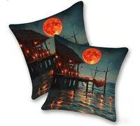 Set di 2 Federe Cuscino 35x35cm Lino, Esterno Cuscini Impermeabili Decorative per Divano Soggiorno Camera da Letto Giardino Balcone, Casa Moderni Minimalisti Cerniera Invisibile, Luna Rossa, D-298