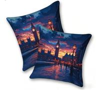 Set di 2 Federe Cuscino 35x35cm Velluto, Esterno Cuscini Impermeabili Decorative per Divano Soggiorno Camera da Letto Giardino Balcone, Moderni Minimalisti Cerniera Invisibile, Big Ben Città, D-154