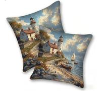 Set di 2 Federe Cuscino 35x35cm Velluto, Esterno Cuscini Impermeabili Decorative per Divano Soggiorno Camera da Letto Giardino Balcone, Casa Moderni Minimalisti Cerniera Invisibile, Barca Faro, D-163