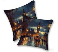 Set di 2 Federe Cuscino 40x40cm Lino, Esterno Cuscini Impermeabili Decorative per Divano Soggiorno Camera da Letto Giardino Balcone, Moderni Minimalisti Cerniera Invisibile, Autobus Big Ben, D-155