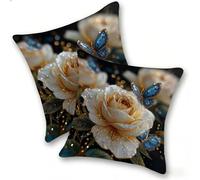 Set di 2 Federe Cuscino 40x40cm Lino, Esterno Cuscini Impermeabili Decorative per Divano Soggiorno Camera da Letto Giardino Balcone, Moderni Cerniera Invisibile, Farfalla Blu Fiori Bianchi, D-475