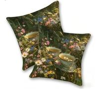 Set di 2 Federe Cuscino 40x40cm Lino, Esterno Cuscini Impermeabili Decorative per Divano Soggiorno Camera da Letto Giardino Balcone, Moderni Cerniera Invisibile, Fiori Tazza Da Caffè, D-359