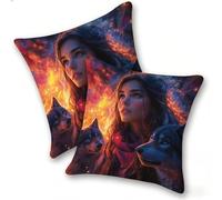 Set di 2 Federe Cuscino 40x40cm Lino, Esterno Cuscini Impermeabili Decorative per Divano Soggiorno Camera da Letto Giardino Balcone, Casa Moderni Minimalisti Cerniera Invisibile, Donna Lupo, D-490