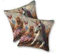 Set di 2 Federe Cuscino 40x40cm Lino, Esterno Cuscini Impermeabili Decorative per Divano Soggiorno Camera da Letto Giardino Balcone, Moderni Minimalisti Cerniera Invisibile, Cavallo Ragazza, D-534