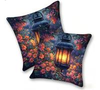 Set di 2 Federe Cuscino 40x40cm Lino, Esterno Cuscini Impermeabili Decorative per Divano Soggiorno Camera da Letto Giardino Balcone, Moderni Cerniera Invisibile, Luci Di Strada Fiori, D-520