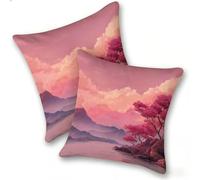 Set di 2 Federe Cuscino 40x40cm Lino, Esterno Cuscini Impermeabili Decorative per Divano Soggiorno Camera da Letto Giardino Balcone, Moderni Minimalisti Cerniera Invisibile, Albero Rosa Lago, D-210