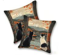 Set di 2 Federe Cuscino 40x40cm Velluto, Esterno Cuscini Impermeabili Decorative per Divano Soggiorno Camera da Letto Giardino Balcone, Moderni Minimalisti Cerniera Invisibile, Gatto Monte Fuji, D-544