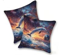 Set di 2 Federe Cuscino 40x40cm Velluto, Esterno Cuscini Impermeabili Decorative per Divano Soggiorno Camera da Letto Giardino Balcone, Moderni Cerniera Invisibile, Delfini Della Terra, D-158