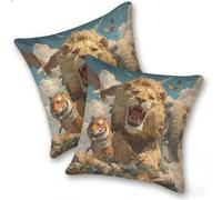 Set di 2 Federe Cuscino 40x40cm Velluto, Esterno Cuscini Impermeabili Decorative per Divano Soggiorno Camera da Letto Giardino Balcone, Moderni Minimalisti Cerniera Invisibile, Animali Leone, D-177