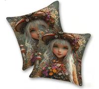 Set di 2 Federe Cuscino 50x50cm Velluto, Esterno Cuscini Impermeabili Decorative per Divano Soggiorno Camera da Letto Giardino Balcone, Moderni Cerniera Invisibile, Fiori Ragazza Carina, D-360