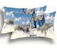 Set di 2 Federe Cuscino Letto, Decorativi Cuscini per Divano Vista Lino Federa Cuscino 30x60,Rettangolare Cuscini per Divano, Cerniera Nascosta, Soggiorno,Decorazione La Piccola Città Blu W0VJ-74