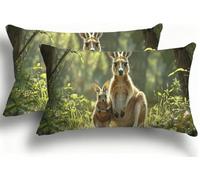 Set di 2 Federe Cuscino Letto25x50 cm, Rettangolari Lino de Cotone Cuscini Divano, Bicolore Double Face, Copricuscini Decorativi con Chiusura a Busta per Camera Letto Divano, Animali Canguro F0A-1002