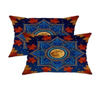 Set di 2 federe decorative autunnali, motivo mandala con luna blu e foglie d'acero rosse, accoglienti federe per cuscini in stile rustico stagionale, per soggiorno, divano, letto, 50 x 30 cm
