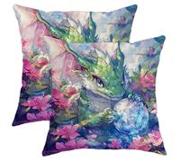 Set di 2 federe decorative con drago fantasy, creatura magica verde, federe per cuscini primaverili stagionali per casa, divano, letto, decorazione 40,6 x 40,6 cm