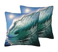 Set di 2 federe decorative in lino con motivo a onde oceaniche, federe bifacciali, morbide e traspiranti, 16"x16", federa stile fattoria, regalo per la decorazione della casa