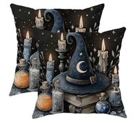 Set di 2 federe decorative per cuscini a tema Halloween, cappello da strega blu e candele, decorazione per la casa di fattoria spettrale, per divano e letto, 45 x 45 cm