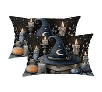 Set di 2 federe decorative per cuscini a tema Halloween, cappello da strega blu e candele, decorazione per la casa di fattoria spettrale, per divano, letto, 50 x 30 cm