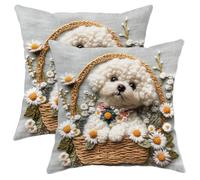 Set di 2 federe decorative per cuscini con cane primaverile, barboncino bianco nel cesto, stile rustico, per casa, divano, biancheria da letto, accenti decorativi, 50 x 50 cm