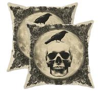 Set di 2 federe decorative per cuscini con teschio gotico, corvo nero, decorazione per la casa di Halloween, divano, camera da letto, federe per cuscini in stile vintage spettrale, 40,6 x 40,6 cm