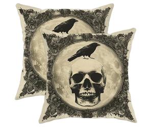Set di 2 federe decorative per cuscini con teschio gotico, corvo nero, decorazione per la casa di Halloween, divano, camera da letto, federe per cuscini in stile vintage spettrale, 40,6 x 40,6 cm