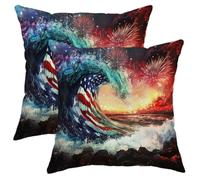Set di 2 federe decorative per cuscini del quarto di luglio, con motivo a onde rosse, bianche e blu, per esterni, per casa, divano, letto, 45,7 x 45,7 cm