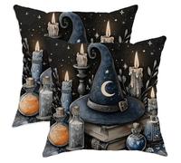 Set di 2 federe decorative per cuscini di Halloween, cappello da strega blu e candele, decorazione per la casa di fattoria spettrale, per divano, letto, 66 x 66 cm