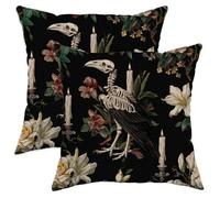 Set di 2 federe decorative per cuscini, motivo floreale gotico, con teschio nero e uccello, decorazione vintage per la casa, per divano letto e divano, 35,5 x 35,5 cm