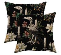 Set di 2 federe decorative per cuscini, motivo floreale gotico, con teschio nero e uccello, decorazione vintage per la casa per divano letto e divano, 40,6 x 40,6 cm