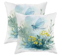Set di 2 federe decorative per cuscini primaverili, motivo farfalla celeste e fiori gialli, decorazione per interni ed esterni, stile casale, per casa, divano, letto, 50 x 50 cm