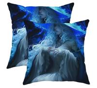 Set di 2 federe decorative per cuscino in velluto blu e bianco, con cappello magico, 40,6 x 40,6 cm