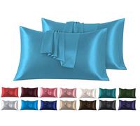 Set di 2 Federe in Raso 50 x 75 cm Azzurro Federa Cuscino Letto Morbida e Setosa