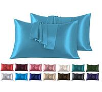 Set di 2 Federe in Raso 50 x 75 cm Azzurro, Federa Cuscino Letto Morbida e Setosa al Tatto, Chiusura a Busta, Antiacaro e Ipoallergico, Protezione Capelli e Pelle & Antirughe