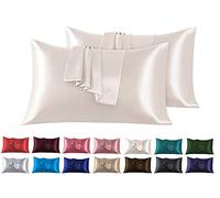 Set di 2 Federe in Raso 50 x 80 cm Beige, Federa Cuscino Letto Morbida e Setosa al Tatto, Chiusura a Busta, Antiacaro e Ipoallergico, Protezione Capelli e Pelle & Antirughe