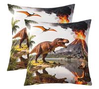 Set di 2 federe per cuscini 60 x 60 cm, per bambini, con stampa 3D di dinosauri, per ragazzi, ragazze, adolescenti, giungla, dinosauro, in microfibra, motivo: animali selvatici, marrone, grigio, rosso