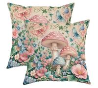 Set di 2 federe per cuscini a forma di fungo, ispirate alla natura, farfalla e fiori primaverili, pesca con cerniera nascosta, per casa, camera da letto, soggiorno, divano, decorazione 55 x 55 cm