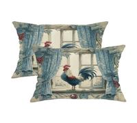 Set di 2 federe per cuscini a forma di gallo, blu, vintage, decorazione per cuscino con gallina, stile rustico, accessori per divano per la casa, per la primavera, 50 x 30 cm