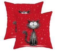 Set di 2 federe per cuscini a forma di gatto, fantasiose e giocose, sfondo rosso con fiocchi di neve, in morbido velluto, lavabili, per casa, soggiorno, camera da letto, dormitorio, divano, 66 x 66 cm