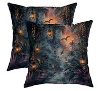 Set di 2 federe per cuscini a forma di lanterna, tropicale bohémien, palma con uccello, verde scuro, in morbido velluto lavabile, per soggiorno, appartamento, letto, divano, 50 x 50 cm