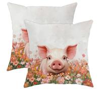 Set di 2 federe per cuscini a forma di maialino, 16x16 cm, morbide federe per cuscini con fiori e animali dei cartoni animati, con cerniera, decorazioni floreali per divano, soggiorno, veranda