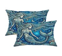 Set di 2 federe per cuscini a forma di sirena, con conchiglia oceanica, stella marina, estate blu, con cerniera nascosta, per soggiorno, camera da letto, loft, ufficio, auto, decorazione 50 x 30 cm