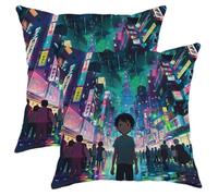 Set di 2 federe per cuscini a tema anime, con vivace scena notturna della città, decorative estive, quadrate, per casa, divano, letto, 45,7 x 45,7 cm