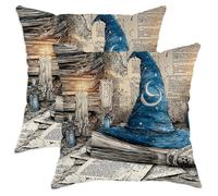 Set di 2 federe per cuscini a tema Halloween, cappello da mago blu e candela, decorazione autunnale quadrata per la casa, per divano letto, divano, 30,5 x 30,5 cm