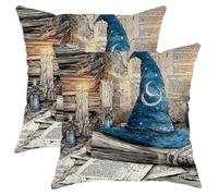 Set di 2 federe per cuscini a tema Halloween, cappello da mago blu e candela, decorazione autunnale quadrata per la casa, per divano letto, divano, 61 x 61 cm