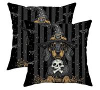 Set di 2 federe per cuscini a tema Halloween, motivo: bassotto nero con cappello da strega e teschio, decorative, per casa, divano, letto, 50 x 50 cm
